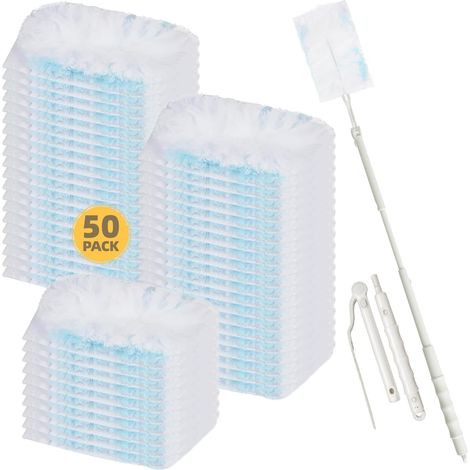 51 Pièces Plumeau Poussiere Recharge Kit Compatible avec Swiffer Duster, Swiffer Duster Nettoyage Recharge, pour Cheveux, Poussière, Saleté (50 Recharges + 1 Poignée Télescopique) (1/5)