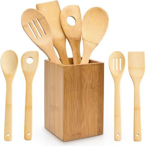 Ustensiles De Cuisine - Bois De Bambou - 30 Cm - Support Inclus - Lot De 5 (1/5)
