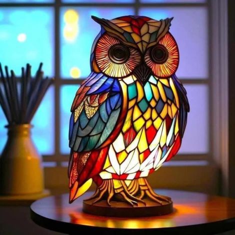 hibou Lampe Vitrail - Vitrail Verre - Lampe En Verre Teinté Pour Animaux - Veilleuses Pour Chambre D'enfant, Table Lumineuse (1/4)