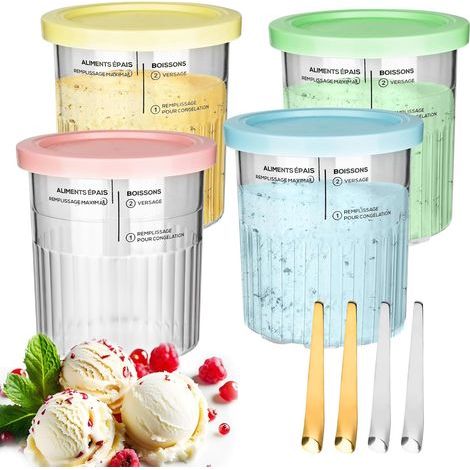 Juego de 4 recipientes de repuesto para Ninja Creami Deluxe NC501EU NC500EU - 800 ml - Antifugas - Para la heladera Ninja Deluxe - Vaso para helado NC501 NC500 - Con cuchara, sin BPA, apto para lavava (1/5)