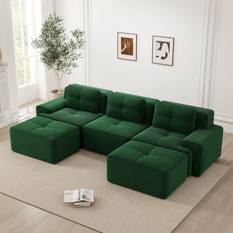 Divano modulare senza montaggio, divano panoramico moderno in velluto a coste con 3 cuscini e 2 pouf, divano 3 posti trasformabile per soggiorno, verde