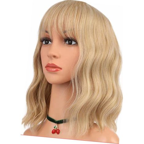 Perruque Bouclée Courte Synthétique Douce Respirante Cheveux Ondulés Frange Femme Blond Clair (1/5)