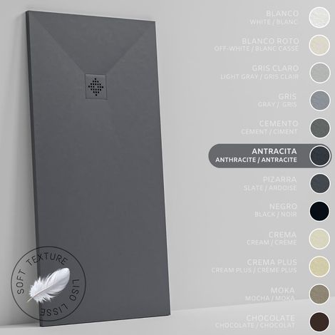 Receveur de Douche -Résine -Gel Coat -Texture Lisse Soie -Antidérapant -Couleur Anthracite - 130x80- Extra plat 3cm. GRILLE MÊME COULEUR (1/5)