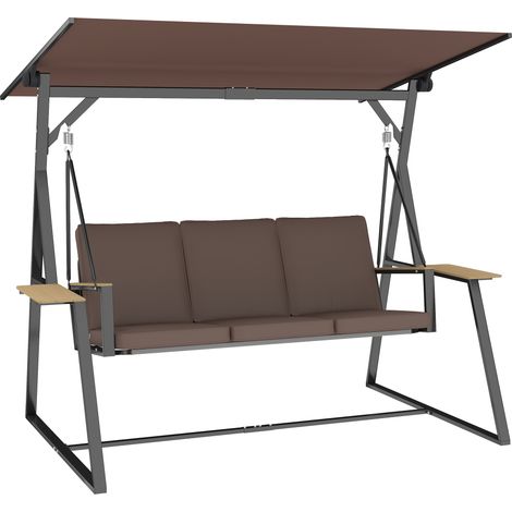 Dondolo da Giardino 3 Posti con Tettuccio Regolabile, Dondolo da Esterno in Metallo con Vassoi Porta Bicchieri, Cuscini Imbottiti, Portata 360kg, per Terrazzo Balcone, 222x131x175 cm, Marrone
