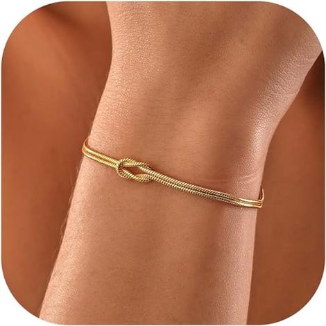 Bracelet en or pour femme, plaqué or 14 carats, avec nœud d'amour, fine chaîne serpent et bracelet infini ajustable. Bijou en or, cadeau idéal pour femme. (1/5)