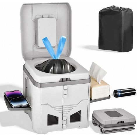 Toilette de camping portable (inclut 1 rouleau de sacs poubelle à liens coulissants) toilette de voyage avec porte-papier toilette et support pour téléphone toilette d'urgence. (1/5)