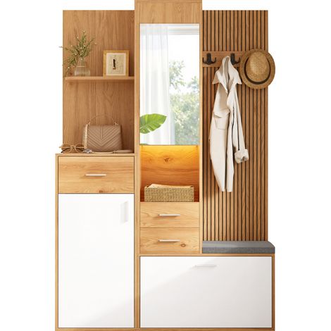 Petite garde-robe, armoire à chaussures avec penderie, miroir et banquette, éclairage LED avec commande par application, meuble d'entrée avec tiroirs et compartiment à chaussures pliable, meuble d'ent (1/5)