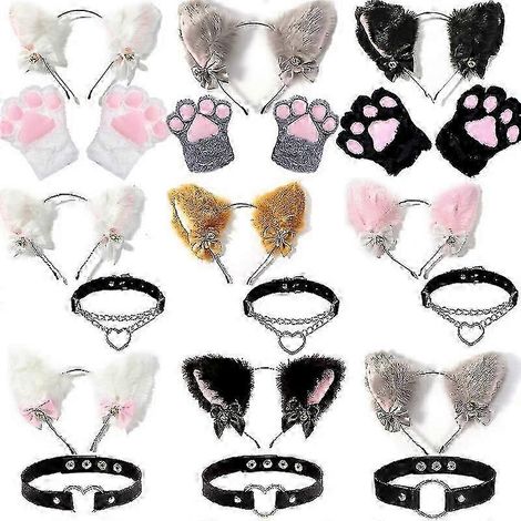 Serre-tête oreilles de chat avec nœud papillon, collier, gants griffes de chat, bandeau en peluche avec clochette, accessoire de coiffure pour femme et fille, accessoire de déguisement pour soirée mas (1/2)