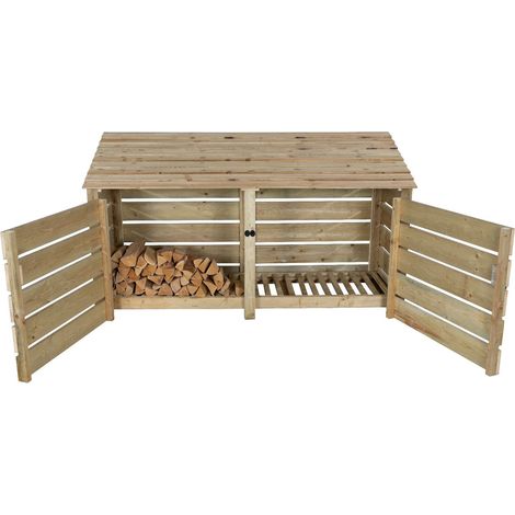 Slatted wooden log store with door W-227cm, H-126cm, D-88cm - natural (light green) finish (1/5)