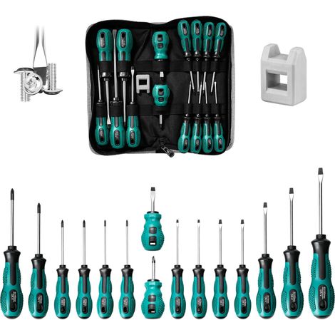 Jeu de 15 Tournevis, Tournevis Isolés Magnétiques 8 Tournevis à Tête Plate et 7 Cruciformes, Tournevis Electricien en Cr-V avec Magnétiseur et Sac de Rangement, Poignée Soft Grip, Pointe Noire Magnéti