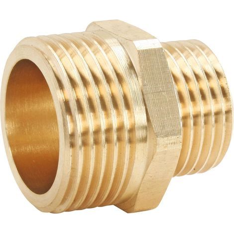 External double threaded reducing fitting 20 mm-25 mm, suitable for domestic water supply and heating networks, compatible with all threaded fittings. (1/2)