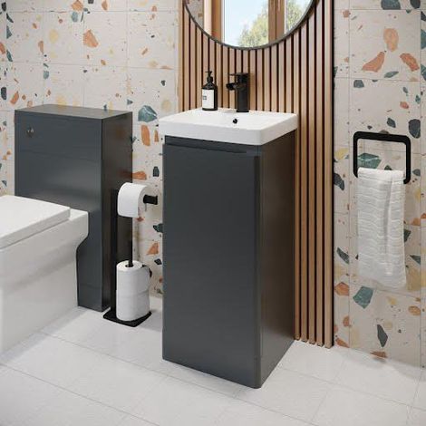 Regis Bathroom Grey Gloss Vanity Unit and Basin Sink Storage Furniture Cabinet - 400mm Freestanding