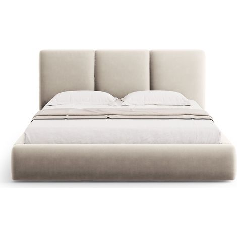 Lit coffre avec tête de lit 180x200cm en velours beige clair (1/5)
