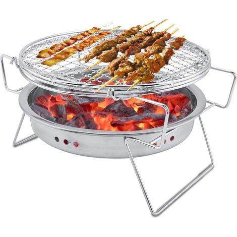 Barbecue pliable et portable au charbon de bois, mini barbecue rond en acier inoxydable, idéal pour le camping et la terrasse. (1/5)