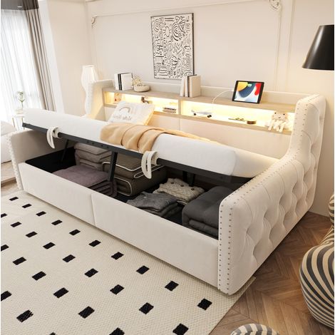 Canapé convertible 90x200 coffre velours beige HAVRYA (1/5)