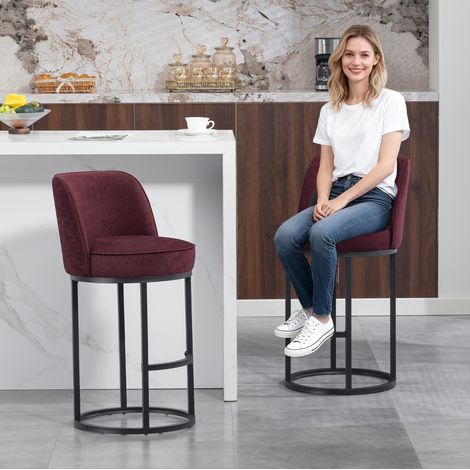 Lot de 2 tabourets de bar 46,5x49,5x88,5 cm rouge bordeaux, dossier ergonomique, tissu lin MEUBLIV (1/5)