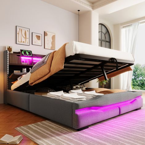 Cama tapizada moderna 140x200 cm en lino gris con cabecero con almacenaje, LED, USB/Type-C y arcón hidráulico (1/5)