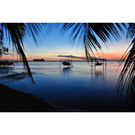 Papier peint panoramique coucher de soleil plage Tapisserie panoramique palmier & île paradisiaque Papier peint panoramique idéal salle de bain (1/2)