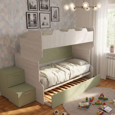 Letto a castello salvaspazio con scala a cassettoni e camminatoio - Bianco e Salvia