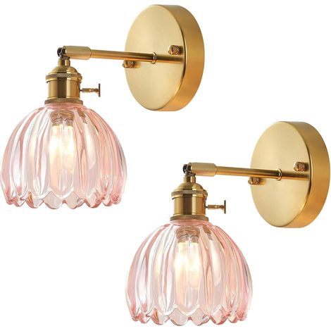 Lot de 2 Applique Murale en Verre Rose Lampe Murale Intérieure avec Interrupteur E27 Vintage Salle de Bain Luminaire Mural Éclairage Murale (1/5)