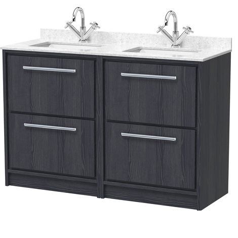 Longnor 4 Drawer Floor Standing Vanity Unit with Square Basin and Marble Worktop, Woodgrain Graphite Grey, 1200mm (1/4)