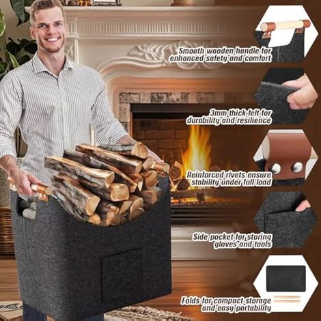 Lot de 2 paniers à bches 67 l et 96 l, sac à bches en feutre avec poignées en bois, panier à bches de 5 mm d'épaisseur pliable, panier en bois robuste pour cheminée, salon, jardin et porte-journaux (1/3)