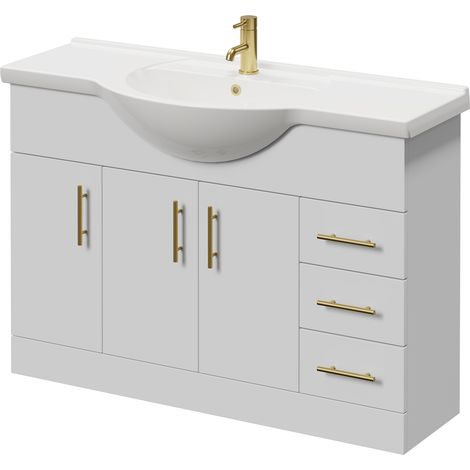 Alexander James Gloss White 1200mm 3 Door Vanity Unit - 1200mm - Brushed Brass 96mm Knurled Bar Handle