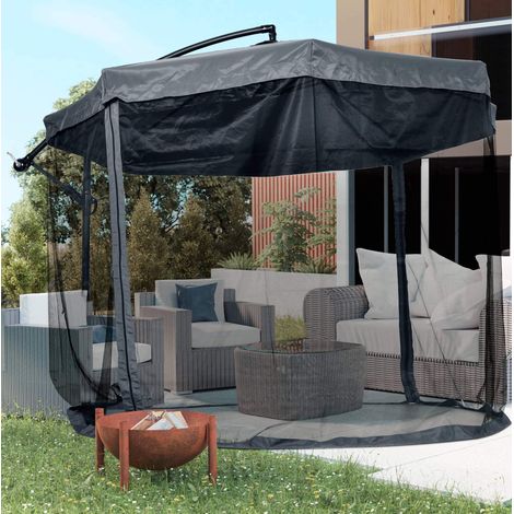 Sombrilla voladiza de acero gris oscuro 295 x 295 cm con manivela, giro 360° y base de cruz