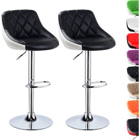 Skecten 2x Taburete de Bar de Cuero PU / Taburete Altura Ajustable / on Respaldo Asiento Acolchado / Negro+Blanco