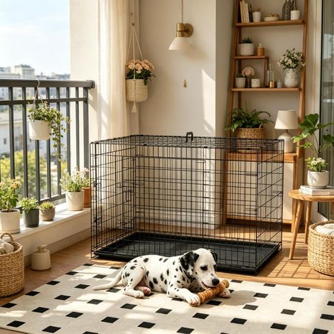 Cage pour chien pliable acier 121x77x82 cm avec 2 portes verrouillables et bac amovible, caisse de transport avec poignée pour intérieur extérieur (1/5)