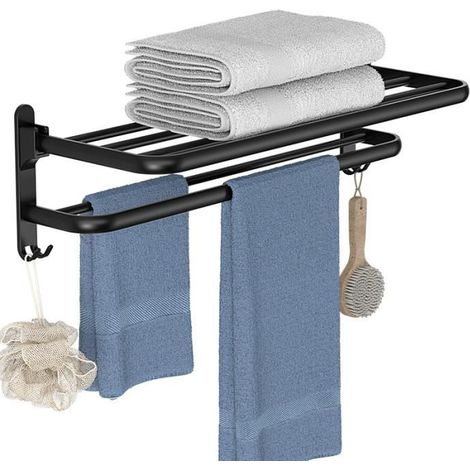 Wandmontierter Handtuchhalter fürs Badezimmer – Kein Bohren erforderlich – Mattschwarz – 2-stufig – Klappbar – Selbstklebende Aluminium-Wandhalterung – 50 cm
