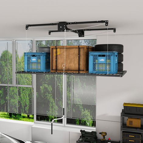 Étagère suspendue pour garage avec système de manivelle, support de plafond en acier de 1,2 x 2,4 m pour plafonds hauts de 3 à 3,6 m, capacité de charge de 136 kg, verrouillage de sécurité manuel – mo (1/4)