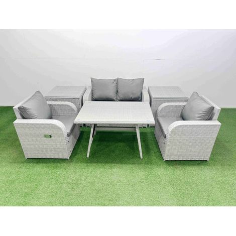 Fimous Light Grey PE Wicker Rattan Garden Furniture Set Sofa Set Reclining Chair Love Sofa Rectangular Dining Table 2 Side Tables (1/4)