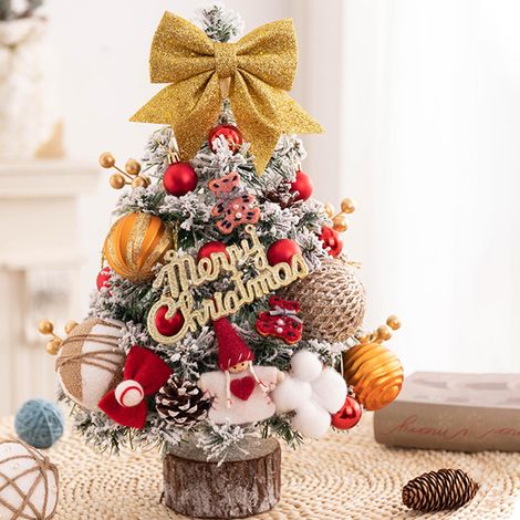 Sapin de Noël miniature de 45 cm avec lumières, sapin artificiel réaliste orné de nœuds, de boules et de pommes de pin, mini sapin décoratif de bureau (1/5)