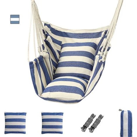 Chaise hamac suspendue 130×100 cm – siège suspendu avec coussin – capacité 150 kg – usage intérieur et extérieur (Bleu et blanc)