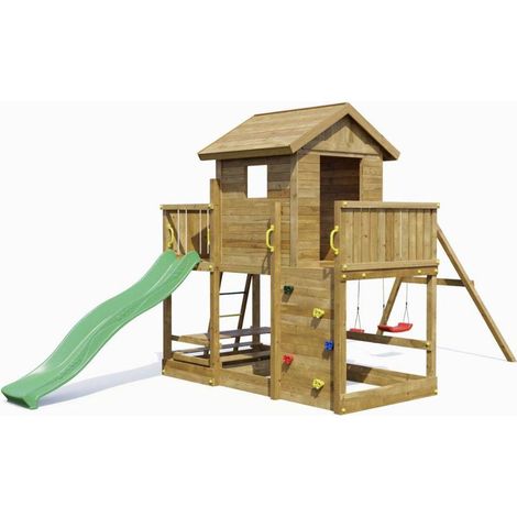 Casetta parco giochi in legno Fungoo Mars con Scivolo, Altalena, Tavolo pic nic e Arrampicata (1/5)