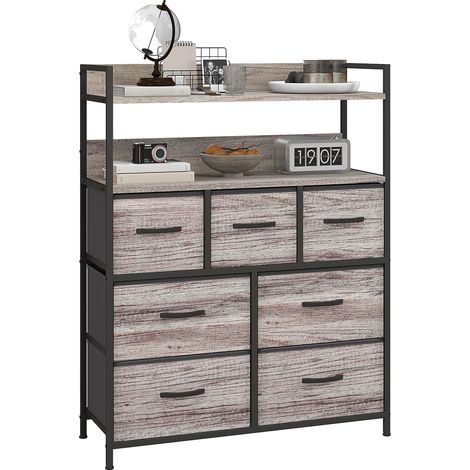 Meuble de rangement commode 7 tiroirs en tissu pliables et amovibles étagères ouvertes, gris avec fonction de rangement et d'affichage idéal pour salon, chambre à coucher ou bureau