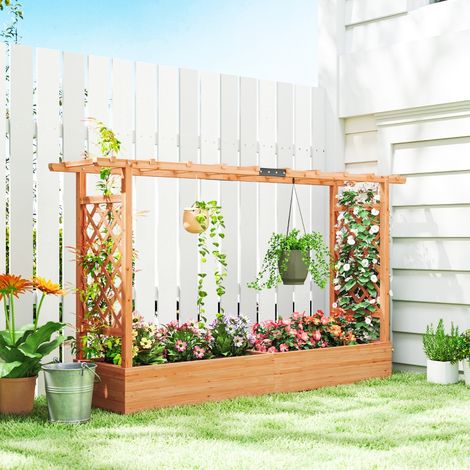 Jardinière surélevée avec treillis latéral et supérieur, bac à fleurs trous de drainage, 200x44x113,5cm, bois naturel (1/5)