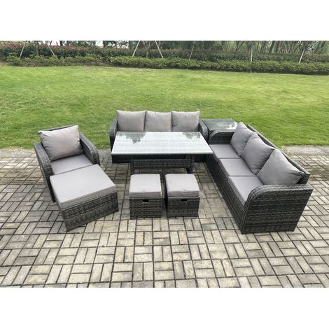Fimous 10 Sitzer Outdoor Rattan Gartenmöbel-Set Langer Rechteckiger Esstisch und Sesseln Set mit 3 Sitzer Sofa 3PC Hockern Beistelltisch Dunkelgrau gemischt (1/5)