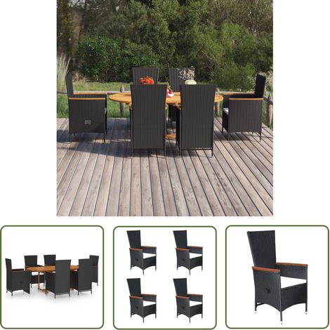 The Living Store 7-tlg. Garten-Essgruppe Poly Rattan Schwarz - Gartentisch - Esstisch - Gartenmöbel - Outdoor Möbel - Holztisch (1/5)