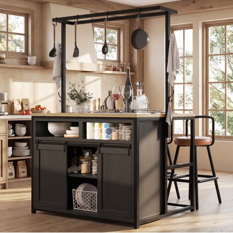 Îlot de cuisine 107x62x183 cm en MDF et métal noir, avec rangement pour cuisine FloraGrace (1/5)