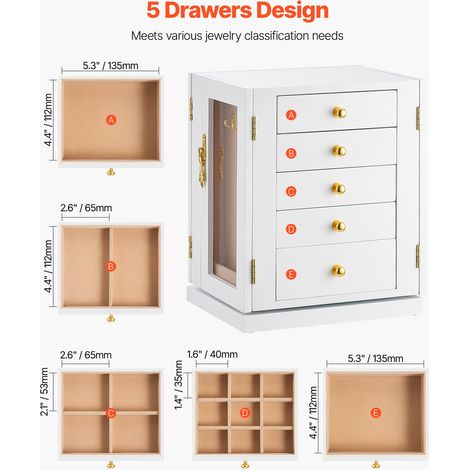 Boîte à bijoux rotative à 360°, coffret à bijoux, avec 5 tiroirs et fenêtre en acrylique, grand étui de rangement avec poignées en… (1/5)