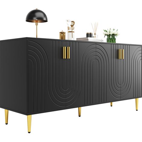 Buffet de rangement noir 152 x 40 x 75 cm avec design ondulé, portes et compartiments, pieds dorés élégants, style moderne - CHICFURN (1/5)