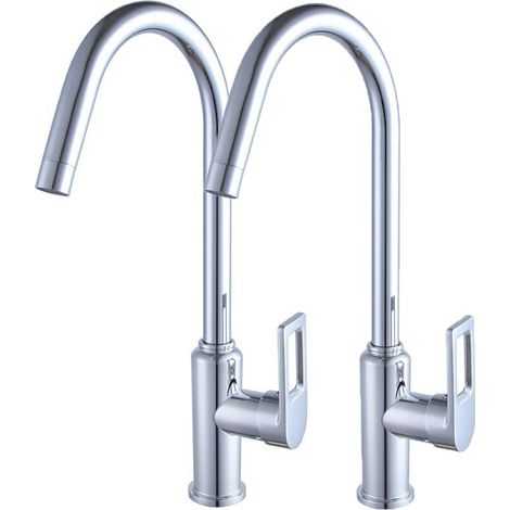 Set of 2 Kitchen Mixer Taps, 360° Swivel Kitchen Faucet, Flexible Single Handle Sink Tap, Single Hole Galvanized Stainless Steel Sink Tap, Hot and Cold Water (1/5)