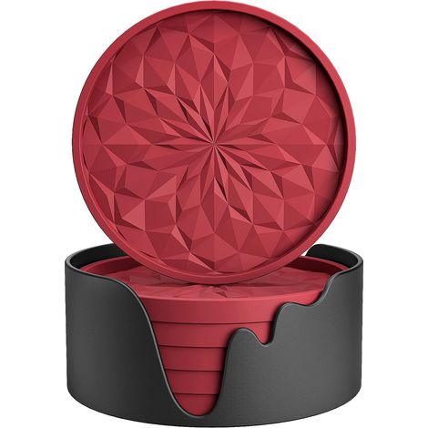 Set di 6 sottobicchieri in silicone con supporto, adatti per bevande calde e fredde, spessi, antiscivolo e antiaderenti, con vassoio profondo - Rosso (1/5)