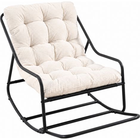 Fauteuil à bascule d'extérieur, structure noire, coussin blanc épais, moelleux, pour salon, chambre ou lecture (1/5)