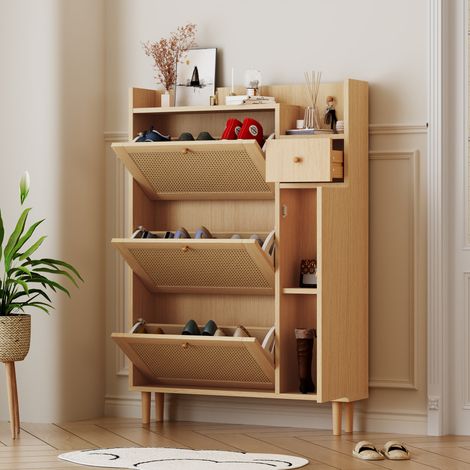 Meuble à chaussures en MDF coloris naturel 90x17x125 cm, 3 abattants, 1 tiroir, tablettes réglables (1/5)