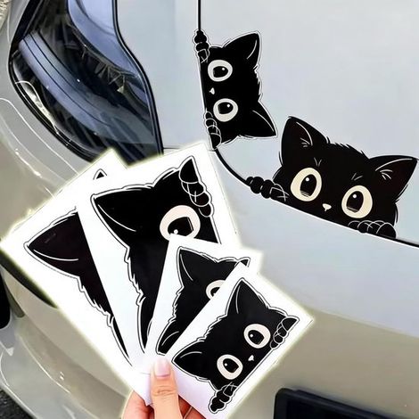 Autocollant décoratif créatif pour voiture représentant un chat noir qui jette un coup d'œil furtif, résistant à l'eau et idéal pour masquer les rayures. Lot de 4 : 2 pièces de 15 x 8 cm + 2 pièces de (1/2)