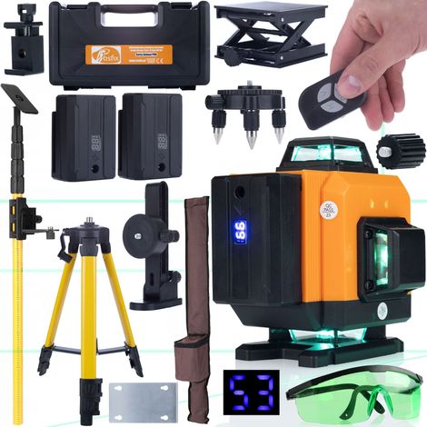 Rosfix Set Laser-Wasserwaage Orange Tiger ROT16L – 16 Linien, 360° Grünlaser IP54, ±3°, 25 m Reichweite inkl. Stativ, Teleskopstange, Brille, Akku Baulaser-Set