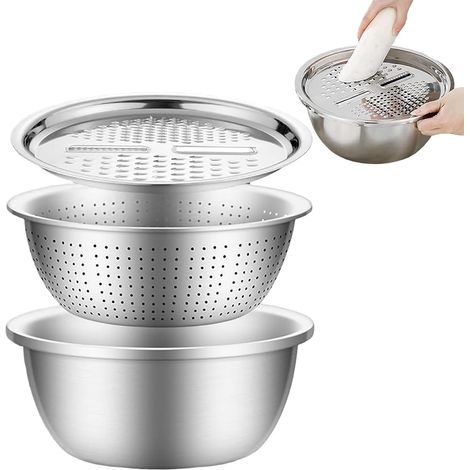 Fregadero multifuncional 3 en 1 de acero inoxidable: juego de colador y rallador para lavar verduras y arroz (25 cm). (1/5)